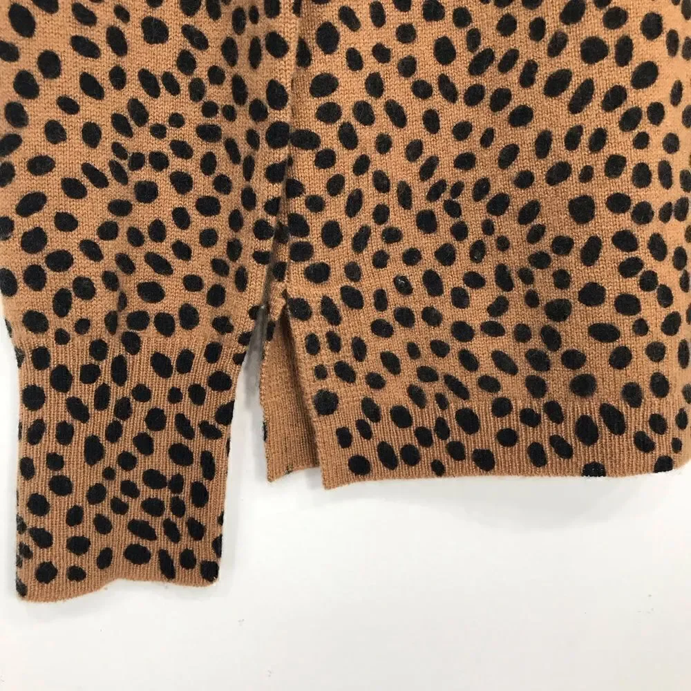 J. Crew LAYLA Camel Tan Black Dot Animal Print 100% Cashmere Crew Neck Sweater